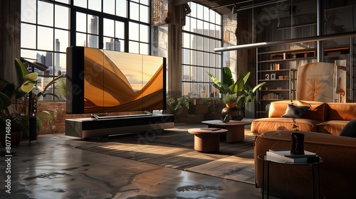 A TV lounge with a screen that is part of a modular, transformable media system
