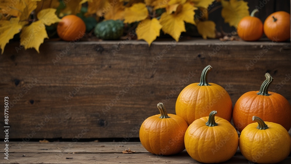 Bright yellow ripe pumpkins of different sizes. Autumn yellow foliage. Place for insertion. Bright yellow ripe pumpkins of different sizes. Autumn yellow foliage. Place for insertion.