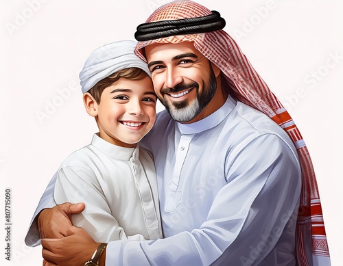 A Saudi Arabian Gulf father embraces his son while smiling on white background. Oil painting art