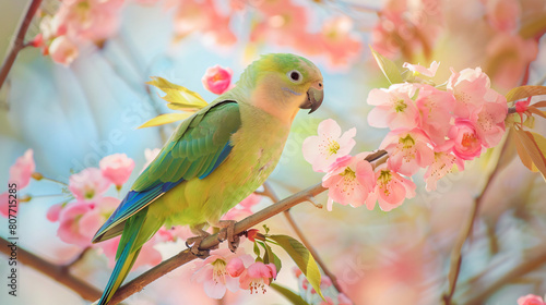 Beautiful parrot on a branch with pink flowers