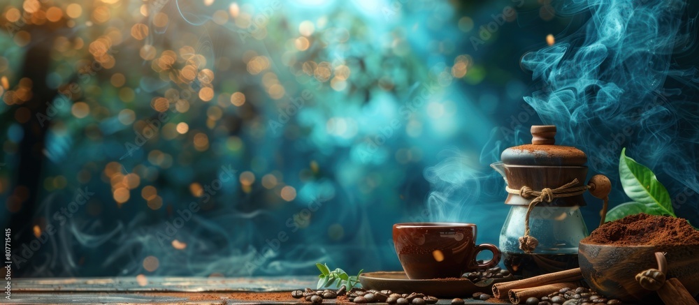 cezve with hot coffee with beans, cinnamon, nuts, leaves and coffee grinder. Concept of brewing warm coffee cezve with hot coffee with beans, cinnamon, nuts, leaves and coffee grinder. Concept of brewing warm coffee