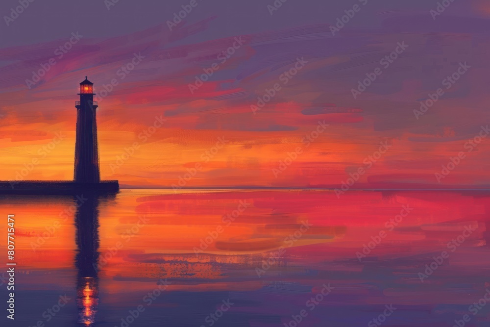 A painting of a lighthouse on a beach at sunset
