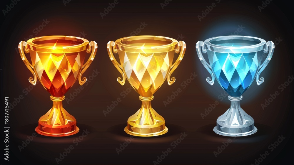 Cups for first, second, and third place, winner trophy goblet game icons. Bronze, silver, and golden award metal prizes for competition, casino, or sport success. Cartoon 3D modern elements. Cups for first, second, and third place, winner trophy goblet game icons. Bronze, silver, and golden award metal prizes for competition, casino, or sport success. Cartoon 3D modern elements.
