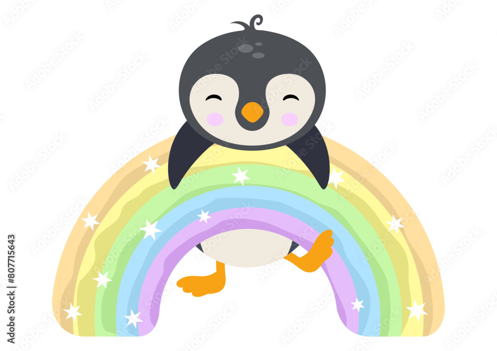 Naklejka premium Cute penguin hanging on magic rainbow