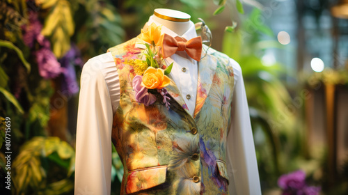 A man's suit is displayed in a store window with a flower pinned to the lapel © Tatiana