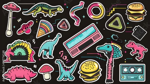 Comic patches, vintage cassette, pager, dino, burger icon, infinity sign. Retro colorful stickers, rave psychedelic icons on a purple background. photo