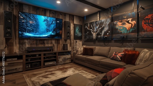 A TV lounge with a smart home theater setup, a sectional with built-in USB ports, and a metal wall art