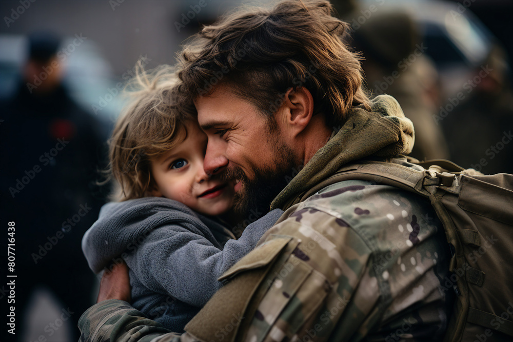 AI generated image of happy soldier spending time with family hugging child AI generated image of happy soldier spending time with family hugging child