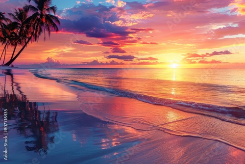 A beautiful sunset over the ocean with a palm tree in the foreground