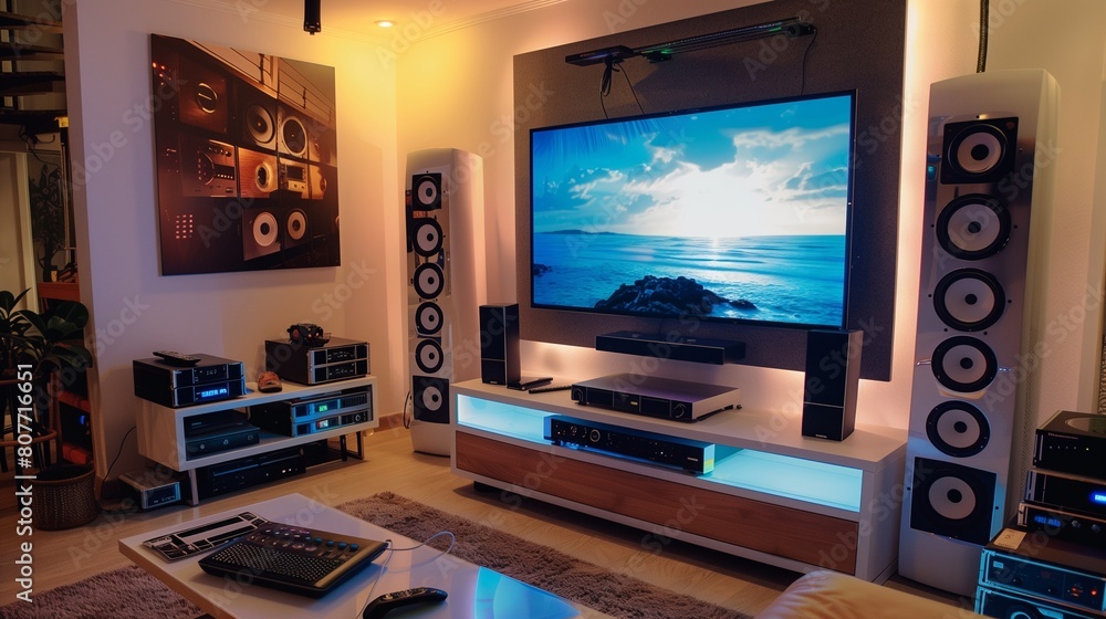 A TV lounge with a state-of-the-art sound system and a wall-mounted TV with a custom soundbar A TV lounge with a state-of-the-art sound system and a wall-mounted TV with a custom soundbar
