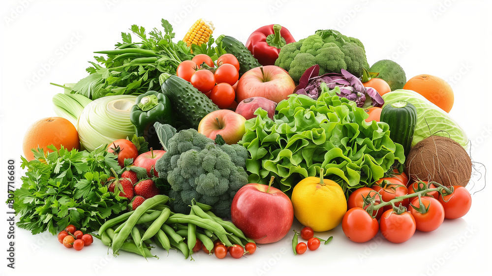 A pile of fresh fruits and vegetables, including apples, oranges, strawberries, green beans, coconuts, tomatoes, lettuce, cucumber, herbs, corn and various other colorful plants A pile of fresh fruits and vegetables, including apples, oranges, strawberries, green beans, coconuts, tomatoes, lettuce, cucumber, herbs, corn and various other colorful plants