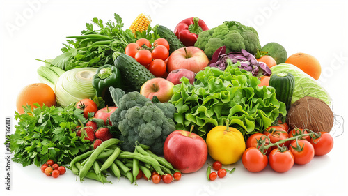 A pile of fresh fruits and vegetables  including apples  oranges  strawberries  green beans  coconuts  tomatoes  lettuce  cucumber  herbs  corn and various other colorful plants