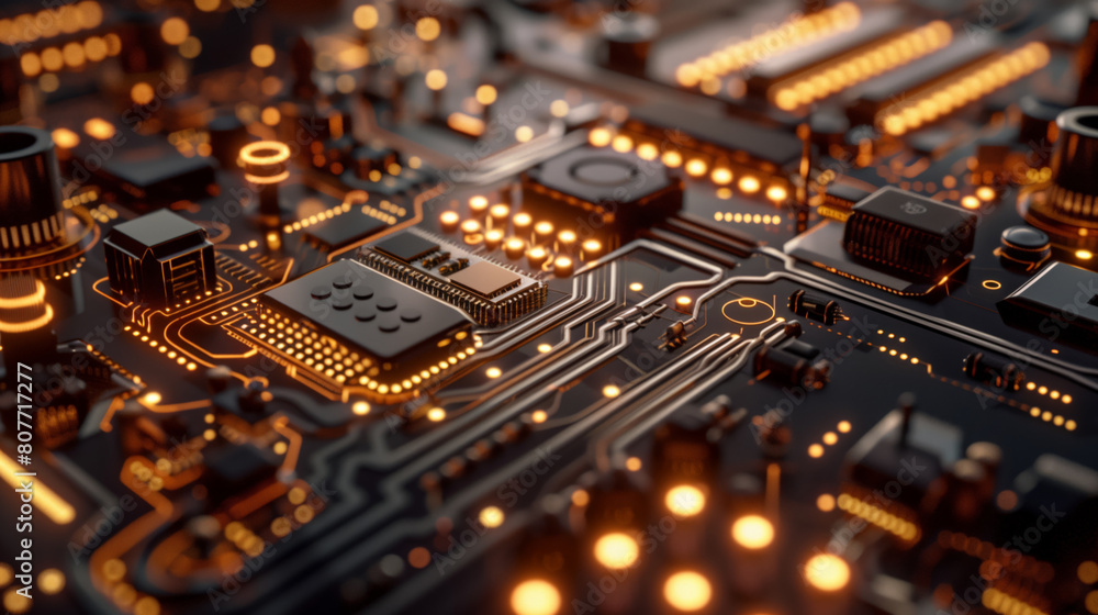 Close-up of a computer chip with a yellow glow. The concept of technology and innovation Close-up of a computer chip with a yellow glow. The concept of technology and innovation