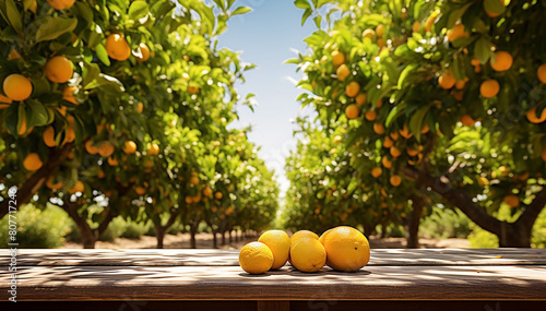 Orange fruit on table near tree garden background. Closeup citrus fruits on wood garden table. Organic oranges food with vitamins and healthy tropical juicy fruit. Banner. Copy space
