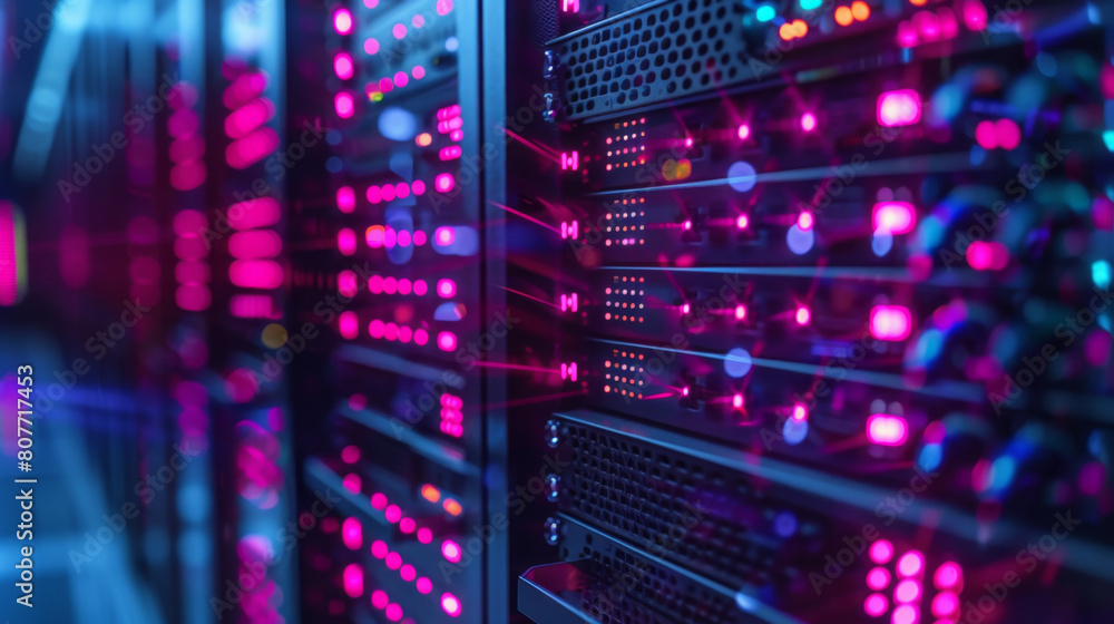 a server room with a lot of computer servers. The servers are lit up in pink and blue lights. a server room with a lot of computer servers. The servers are lit up in pink and blue lights.