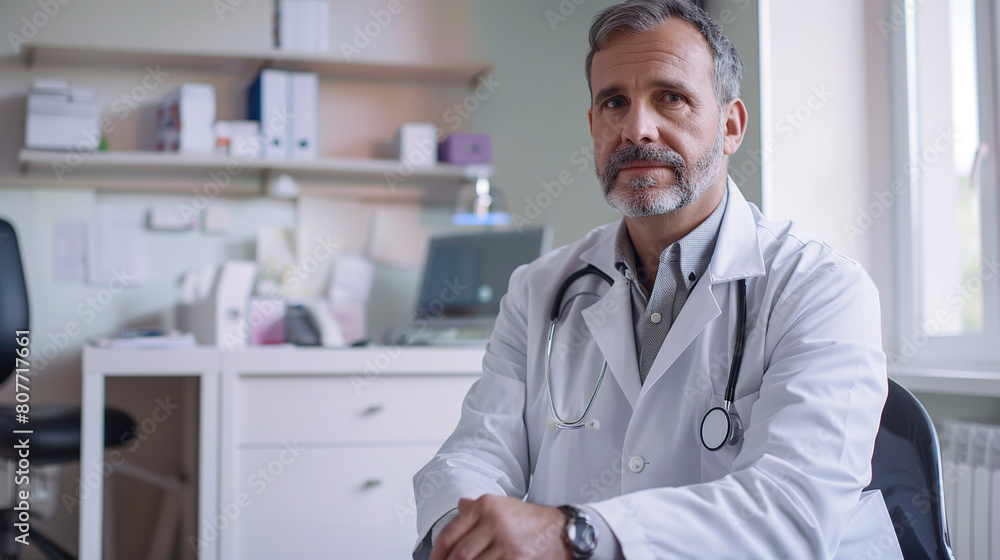 A handsome middle-aged male doctor sits in his modern office, the room is well lit A handsome middle-aged male doctor sits in his modern office, the room is well lit