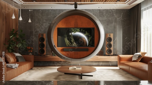 A TV lounge with a suspended circular TV pod with surround sound speakers photo