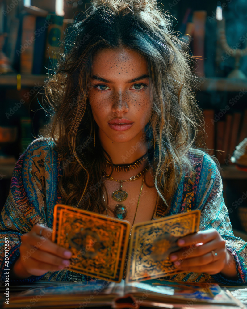 Fototapeta premium Vertical poster. Beautiful young tanned white blonde gypsy woman with long hair at table with mystical metaphysical tarot cards in blue dress looks at camera in library. Fate. Magic fortune telling