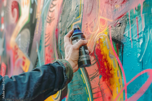 Graffiti artist holding spray can in hand and painting urban wall. Street artist in the process of work. Youth street culture