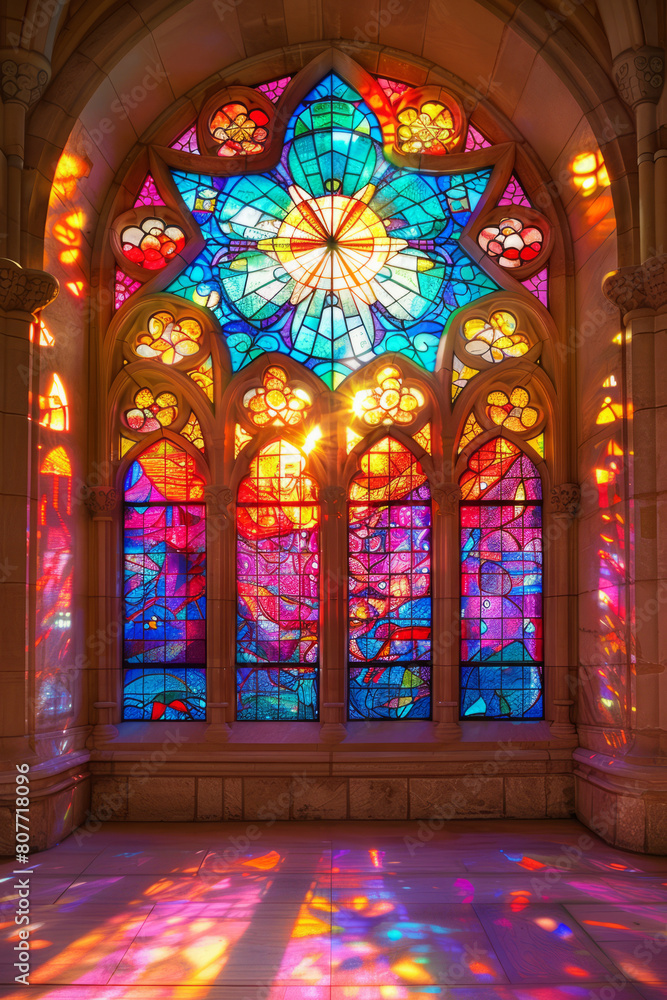 Pattern formed by pieces of stained glass showcases a kaleidoscope of colors. Colorful window decoration