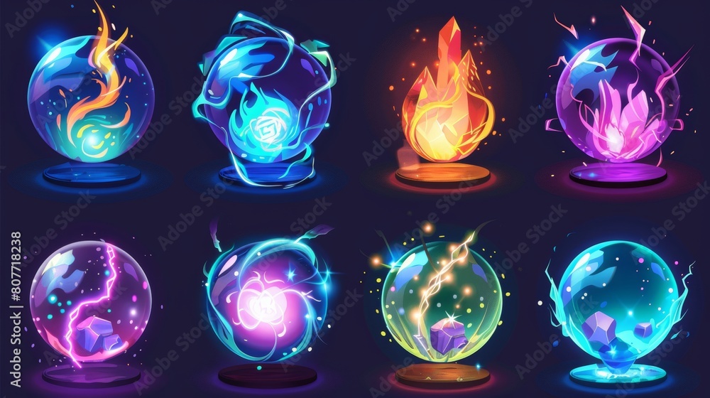 Modern cartoon illustration featuring magic balls, crystal spheres