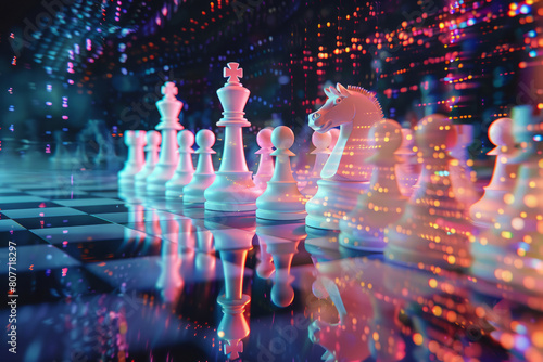 Vibrant digital chessboard with chess pieces in neon lighting. Strategy and tactics for winning in virtual reality