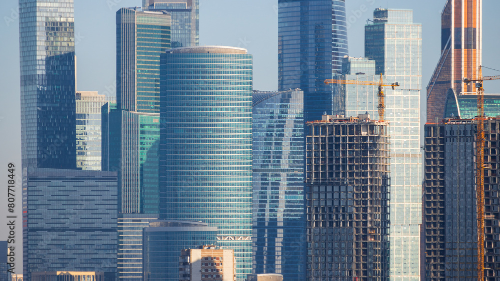 Obraz premium Cityscape with skyscrapers. Modern residential and office high-rise buildings. Close-up. Moscow international business center. Moscow city, Russia.