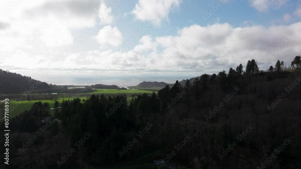 Drone shot flying up and over a forest and revealing the pacific coast in California Drone shot flying up and over a forest and revealing the pacific coast in California