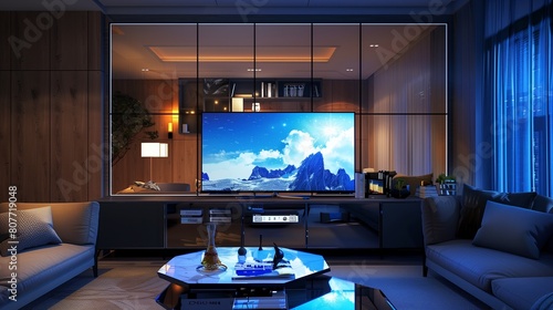 A TV lounge with a TV screen that doubles as a smart mirror when turned off © Muhammad
