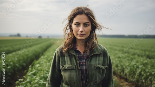 A photo of Eastern European brunette woman working on a field farm