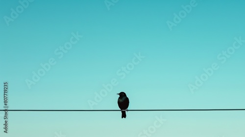 A lone bird perched on a wire against a clear blue sky. © Usman
