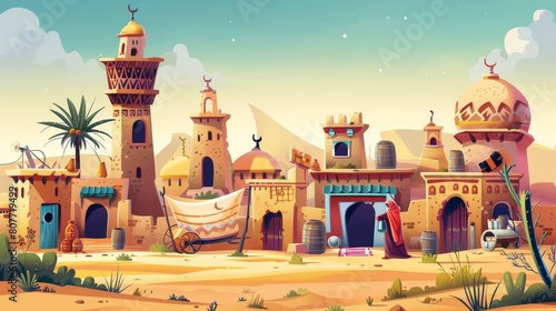 Old arabic houses and buildings in desert. Vintage cityscape illustration of an ancient arabic settlement with a market, water well, mosque, and jug-toting woman with a jug on her head. photo