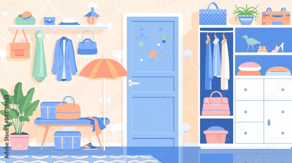 Modern illustration of a hallway interior with clothes hanger, umbrella storage, and a closet. Clipart collection to create a modern entryway in a flat with shelf and coat hooks.