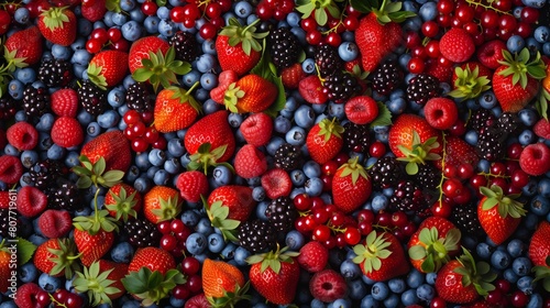 Colorful assortment of fresh berries including strawberries  blueberries  and raspberries.