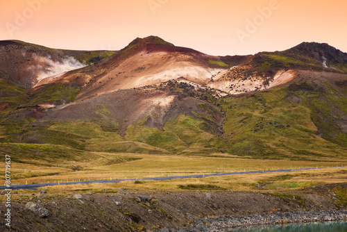 Rhyolite volcanic mountains seen from Gígvatnsvatn in Iceland