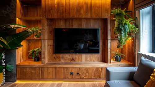 A TV lounge with a TV set within a custom-built wooden alcove, creating a cozy nook