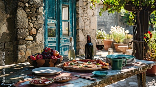 Rustic Mediterranean Feast, Pizza, Wine, Fruit on Table by Old Stone House photo