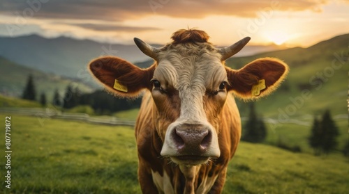 Portrait of a cow in a field in the mountains. Close up cow in the sunny pasture   cattle 