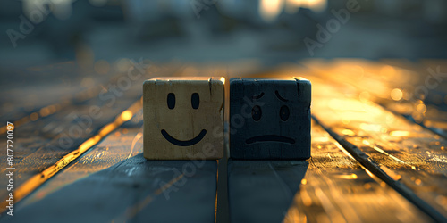 Two wooden blocks with smiley faces on them, representing happiness and positivity.