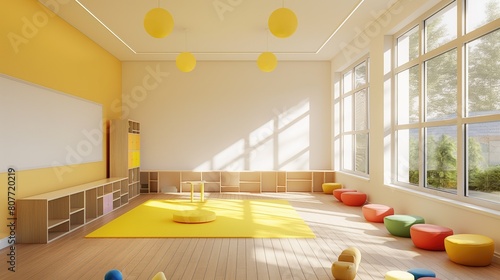 Nursery room or kindergarten for preschool children with colorful interior for daycare with toys and no people for educational and recreational purposes