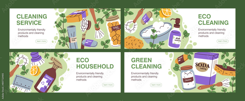 Eco-friendly cleaning products and services, banner design set. Natural washing detergent bottles, green household supplies, organic sustainable zero-waste home clean. Flat vector illustration