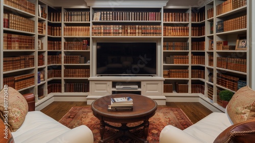 A TV lounge with a TV set within a recessed alcove, flanked by built-in bookshelves filled with leather-bound classics