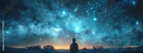 A lone figure gazing at a starry night sky, with the stars rendered as bokeh points of light. photo