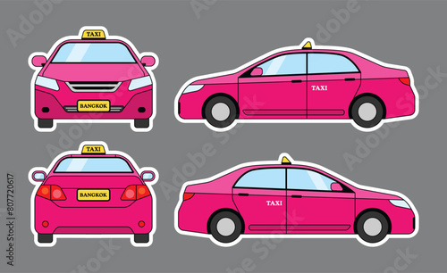 Thai taxi meter car sticker set. Bangkok, Thailand public transportation cartoon vector illustration art.