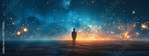 A lone figure gazing at a starry night sky, with the stars rendered as bokeh points of light. photo
