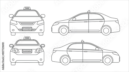 Thai taxi meter car outline. Bangkok, Thailand public transportation cartoon vector illustration line art for coloring book.