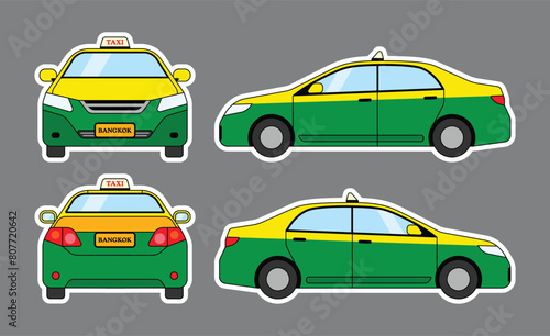 Thai taxi meter car sticker set. Bangkok, Thailand public transportation cartoon vector illustration art.