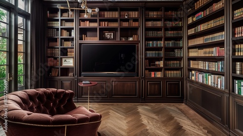 A TV lounge with a TV set within a recessed alcove, flanked by built-in bookshelves filled with leather-bound classics, with a velvet reading chair