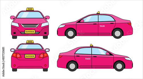 Thai taxi meter car. Bangkok, Thailand public transportation cartoon vector illustration art isolated on white background.
