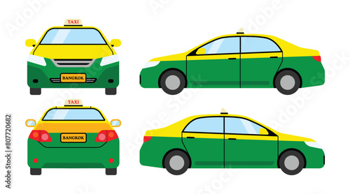 Thai taxi meter car. Bangkok, Thailand public transportation cartoon vector illustration art isolated on white background.